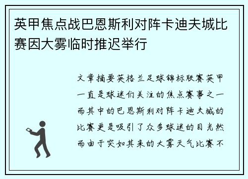 英甲焦点战巴恩斯利对阵卡迪夫城比赛因大雾临时推迟举行