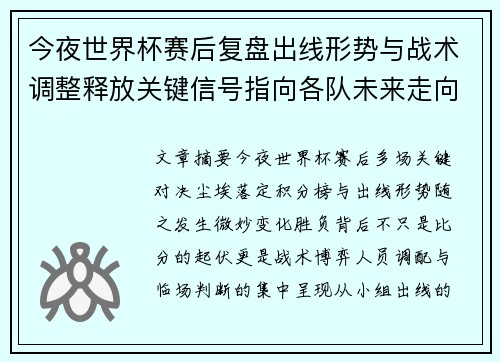 今夜世界杯赛后复盘出线形势与战术调整释放关键信号指向各队未来走向